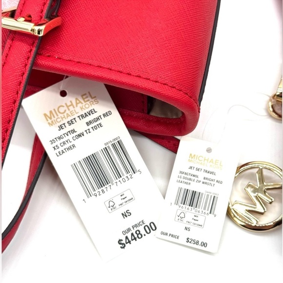 Michael Kors Jet Set Travel Extra-Small Top Zip Tote Bag & Double Zip Wallet Red - Picture 11 of 11